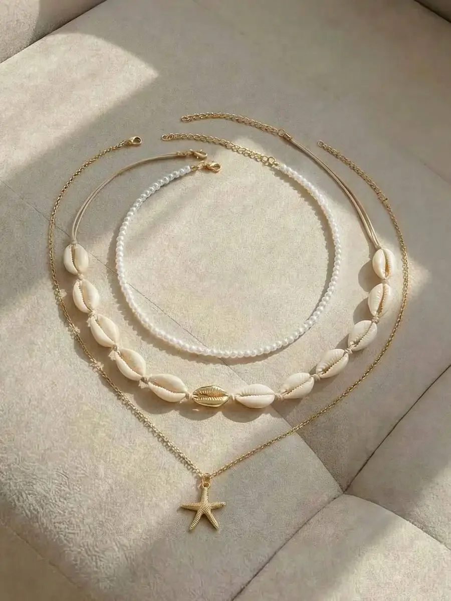 

3pcs Boho Ocean Style Shell And Starfish Pendant Layered Necklace Set For Women