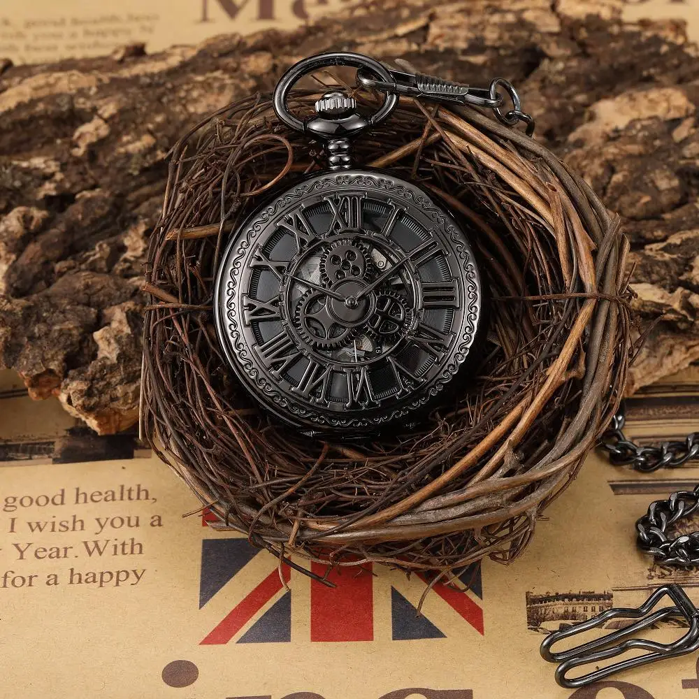 Vintage Black Skeleton Mechanical Pocket Watch Roman Numeral Hand Winding Fob Chain Steampunk Pocket Watch