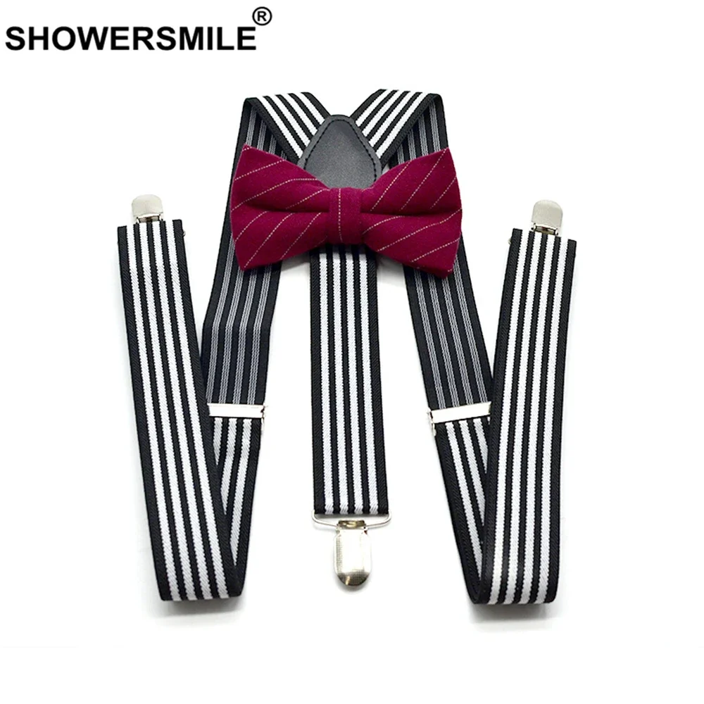 

SHOWERSMILE Black White Striped Bow Tie Suspenders Set Men Braces for Trousers British Fashion Male Shirt Suspender 3.5cm Wide