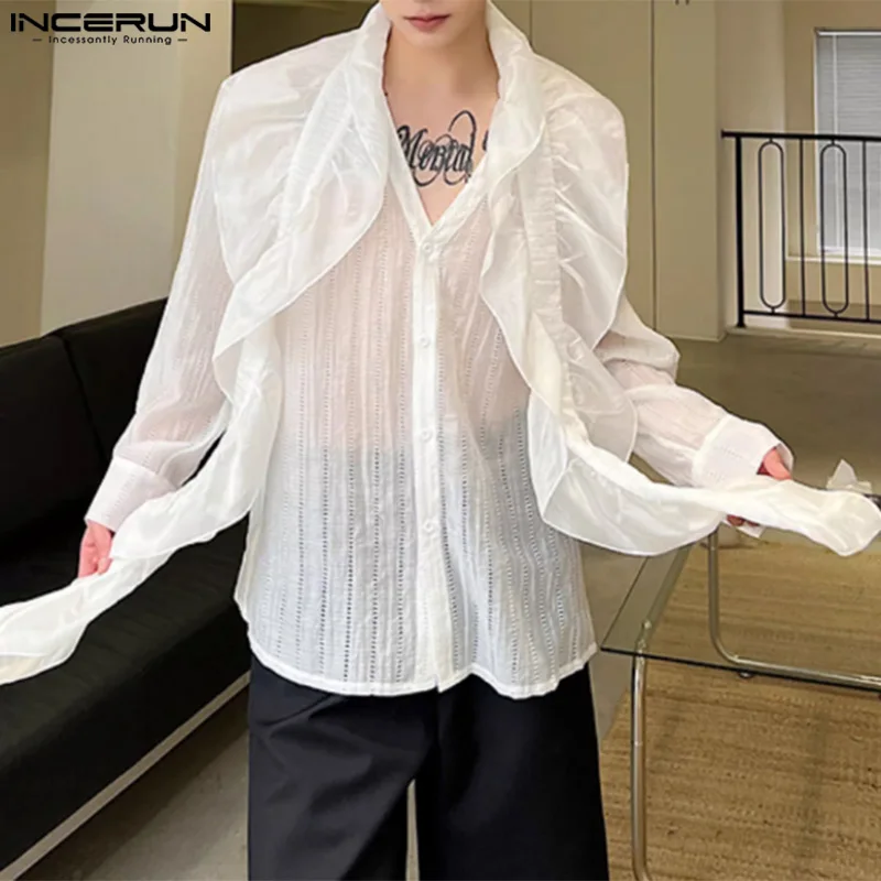 INCERUN Men Shirt Hollow Out Ruffle Belt Patchwork V Neck Long Sleeve Transparent Men Clothing Streetwear 2024 Fashion Camisas