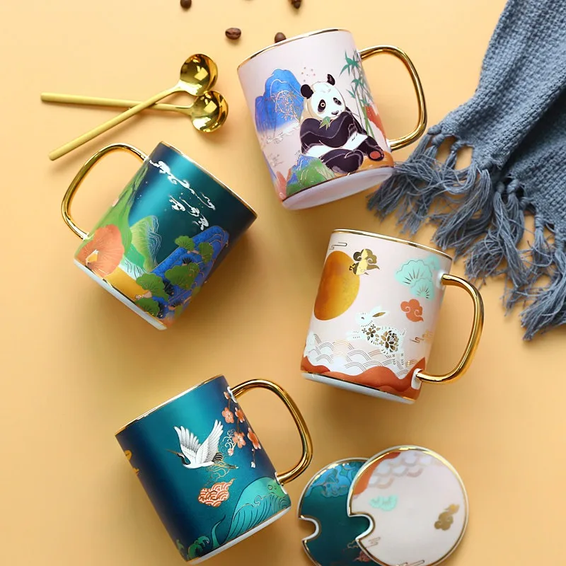 Chinese Style Ceramic Mug with Lid and Spoon, 350ml Panda Pattern Porcelain Water Cup, Golden Handle Drinking Cup for Gift