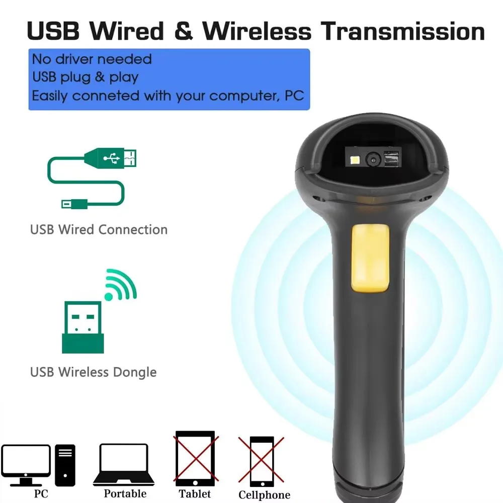 Wireless 2D Barcode Scanner with Wired QR Reader PDF417 Automatic Sensing for POS Scanning Retail Inventory Mobile POS