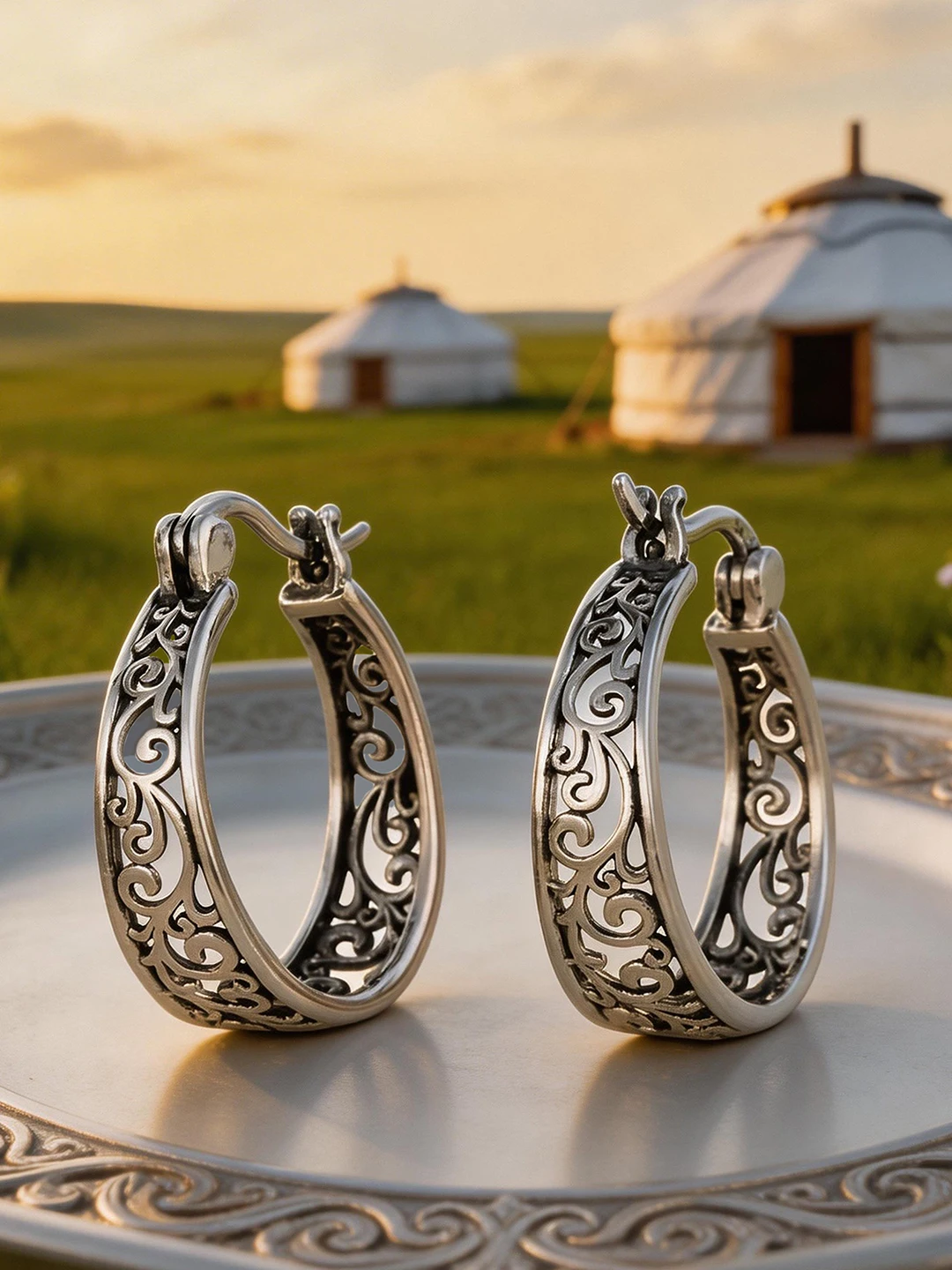 

Mongolian Style S925 Silver Earrings Hollow out Floral Design Suitable for round And Oval Faces Decorative Fashion Jewelry