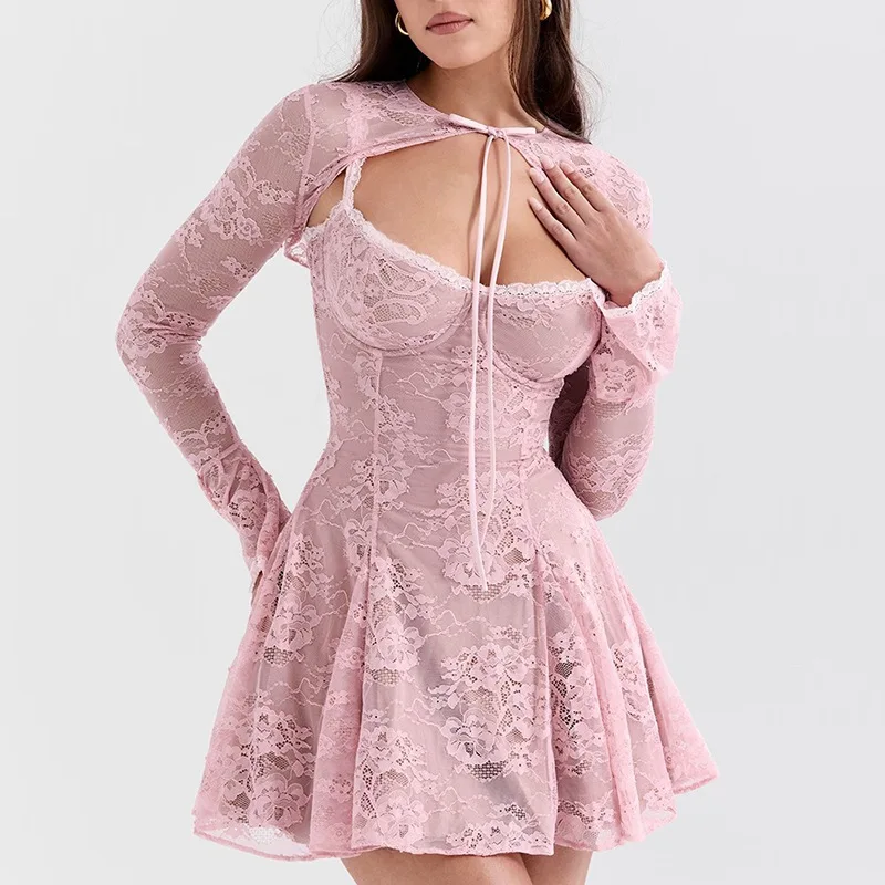

European and American Style Socialite Short Dress2025New Style Bowknot Design Lace Trim Embroidered Solid Color Dress