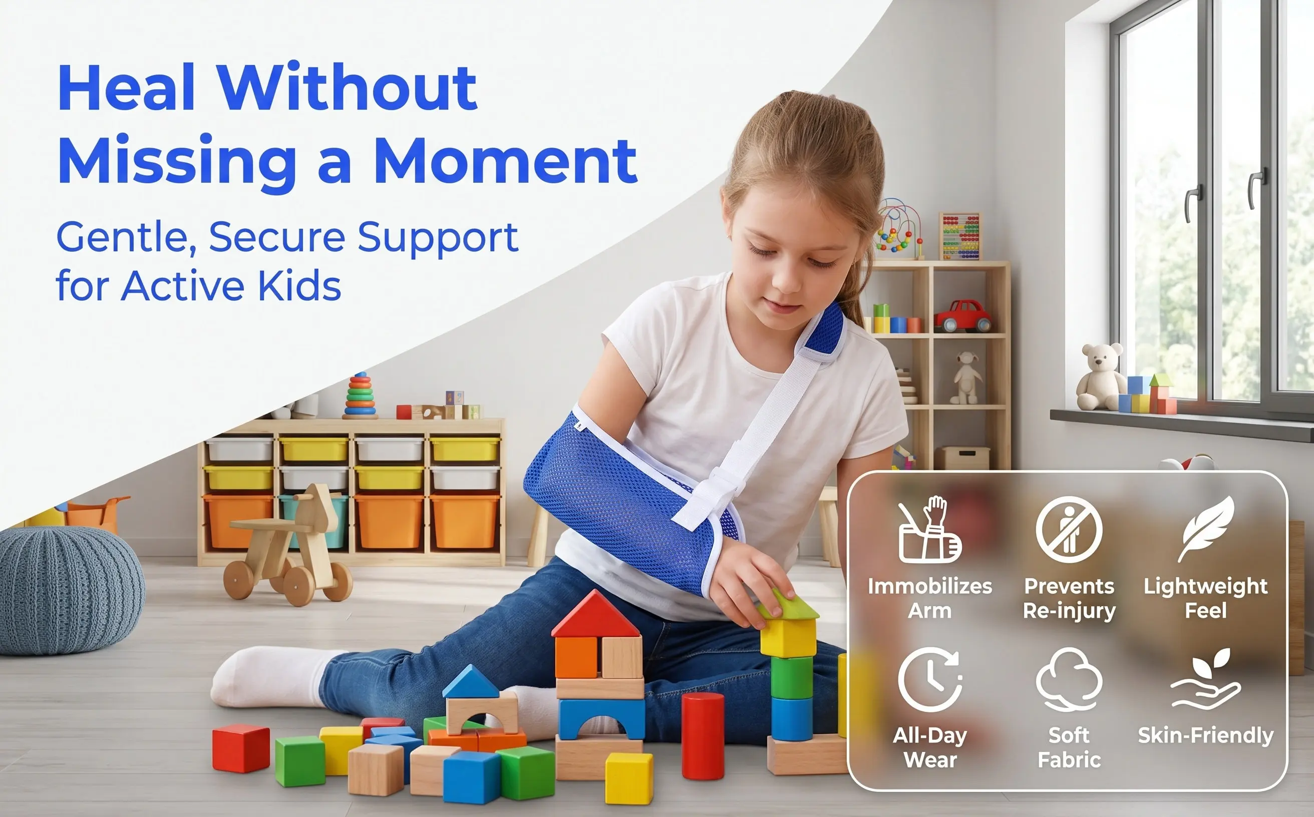 Kids Arm Sling Forearm Support Adjustable Buckle Breathable Waterproof Strap for Broken Fractured Arm Size L