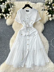 Summer Holiday Flower Embroidery White Lace Prom Dress Women Short Sleeve Single Breasted Crystal Diamonds Evening Party Vestido