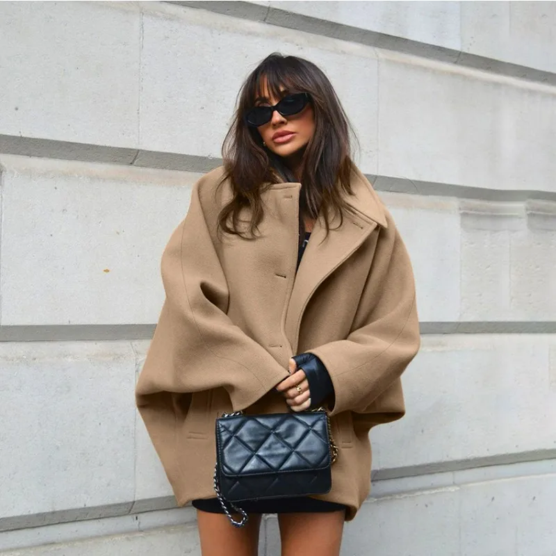 Autumn Fashion High-end Brown Woolen Lapel Batsleeved Cardigan Simple Stylish Cross-border Commuter Women's Wear Europe America