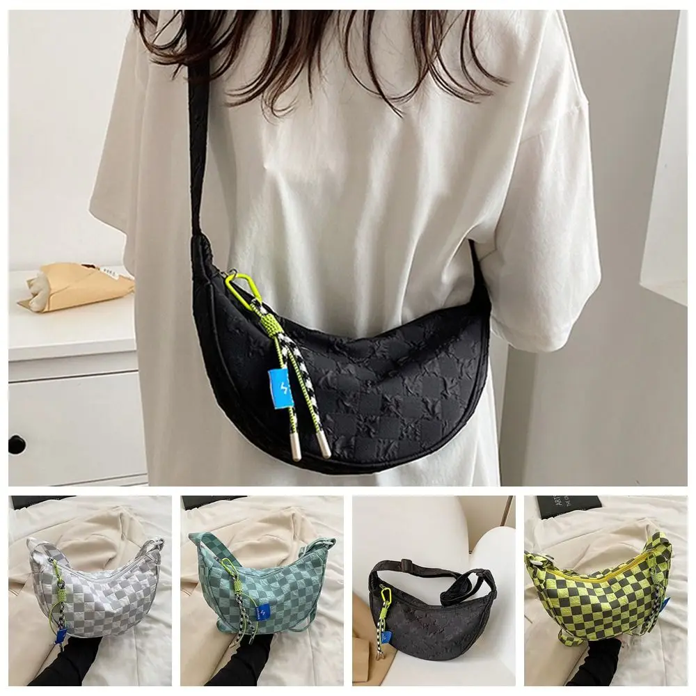 Elegant Dumpling Shape Half Moon Messenger Bag Grid Large Capacity Plaid Crossbody Shoulder Bag Nylon Ins Style Male/Female