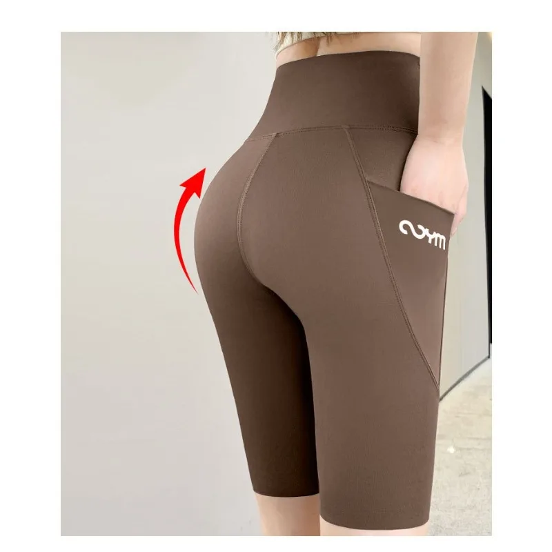 Summer New Side Pocket Shark Shorts Women Biker Shorts High Waist Seamless Sports Running Cycling Shorts Fitness Short Leggings