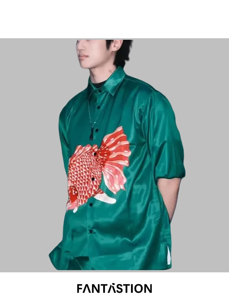 

FANTASTION goldfish print green shirt unisex loose fit casual oversized top for daily wear loose long-sleeve shirt