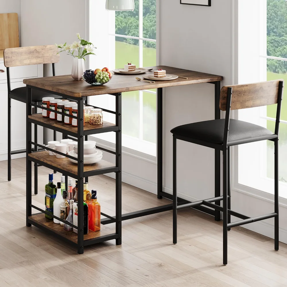 

Rustic Brown 3-Piece Counter Height Bar Kitchen Table Set with 3 Storage Shelves for Small Spaces, Apartment