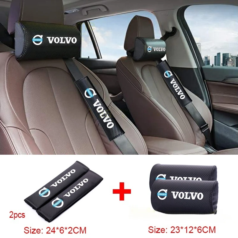 

Volvo Car Accessories 2PCS Seat Belt Shoulder Pads and 2PCS Car Seat Neck Pillow Volvo Emblem Carbon Fiber Embroidered Logo