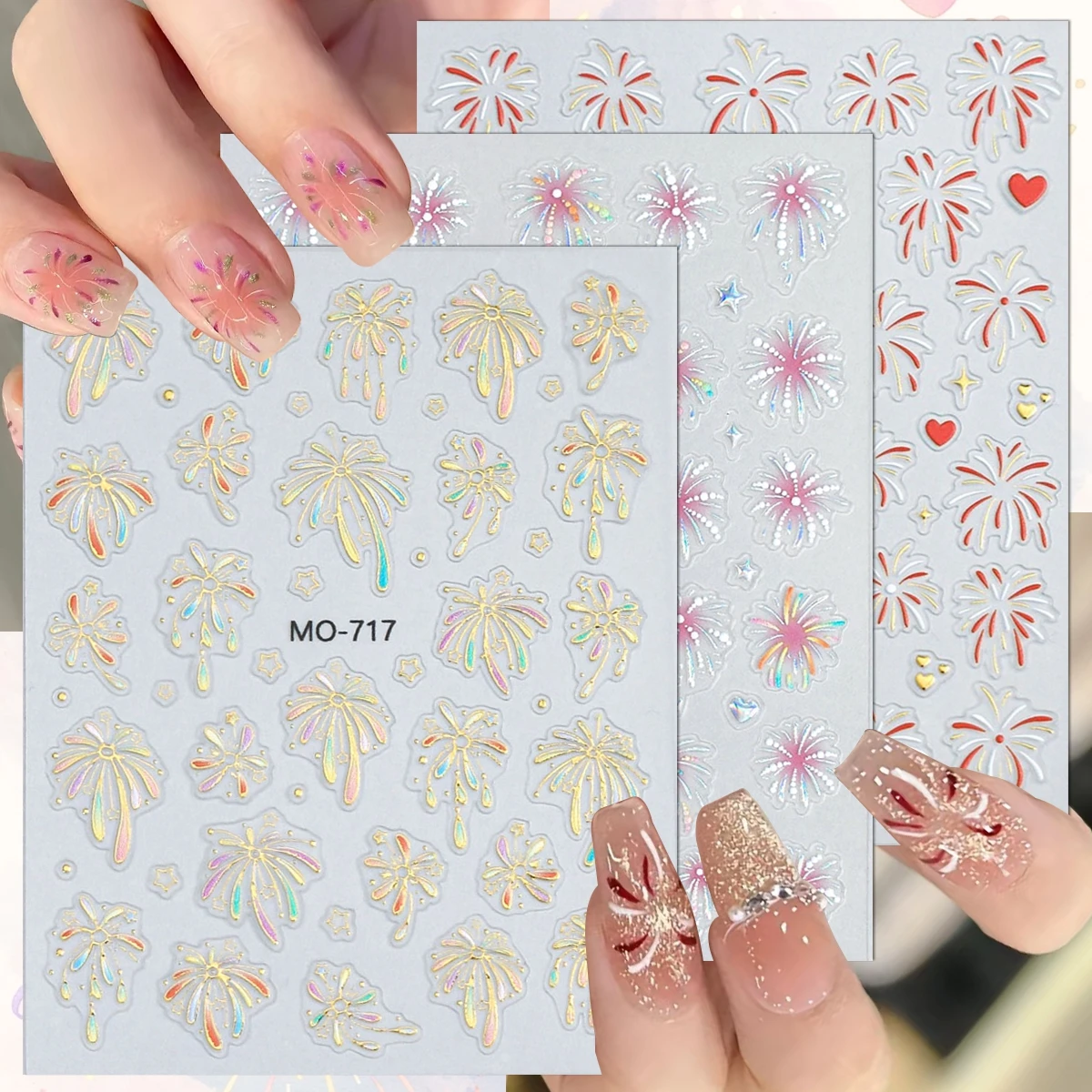 3/6 hojas de pegatinas 5D para decoración de uñas de fuegos artificiales, calcomanías autoadhesivas con patrón de explosión iridiscente para decoración de manicura DIY