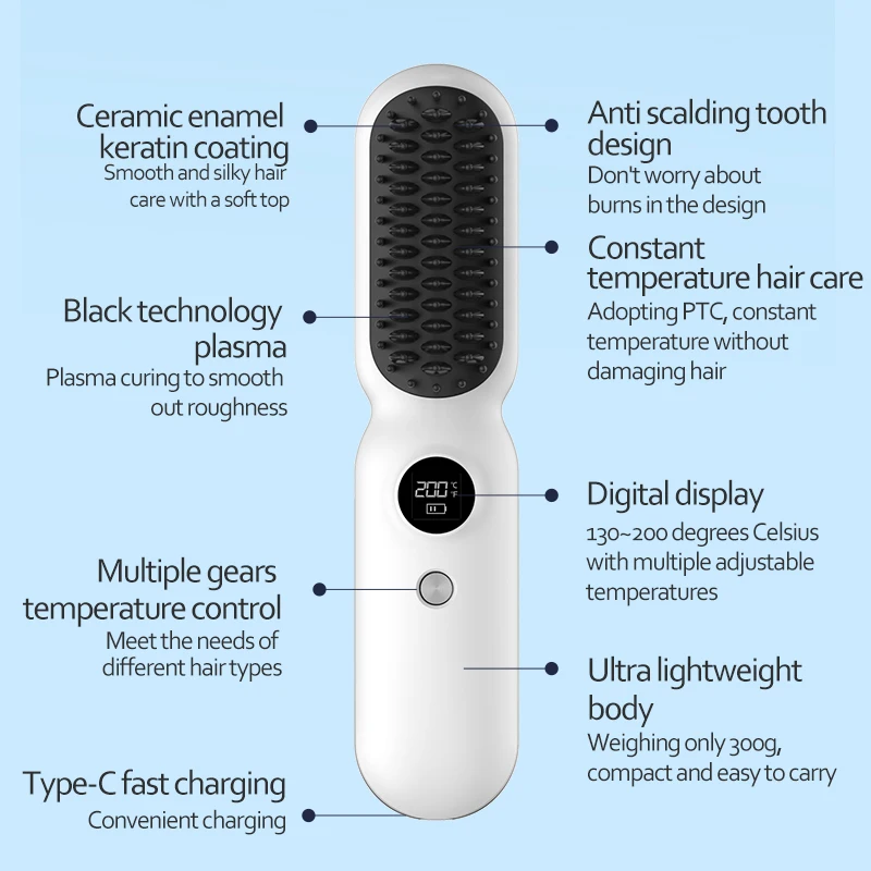 Portable Electric Hair Brushes USB Rechargeable Wireless Hot Comb Electric Mini Beard Hair Straightener Comb for Women Men