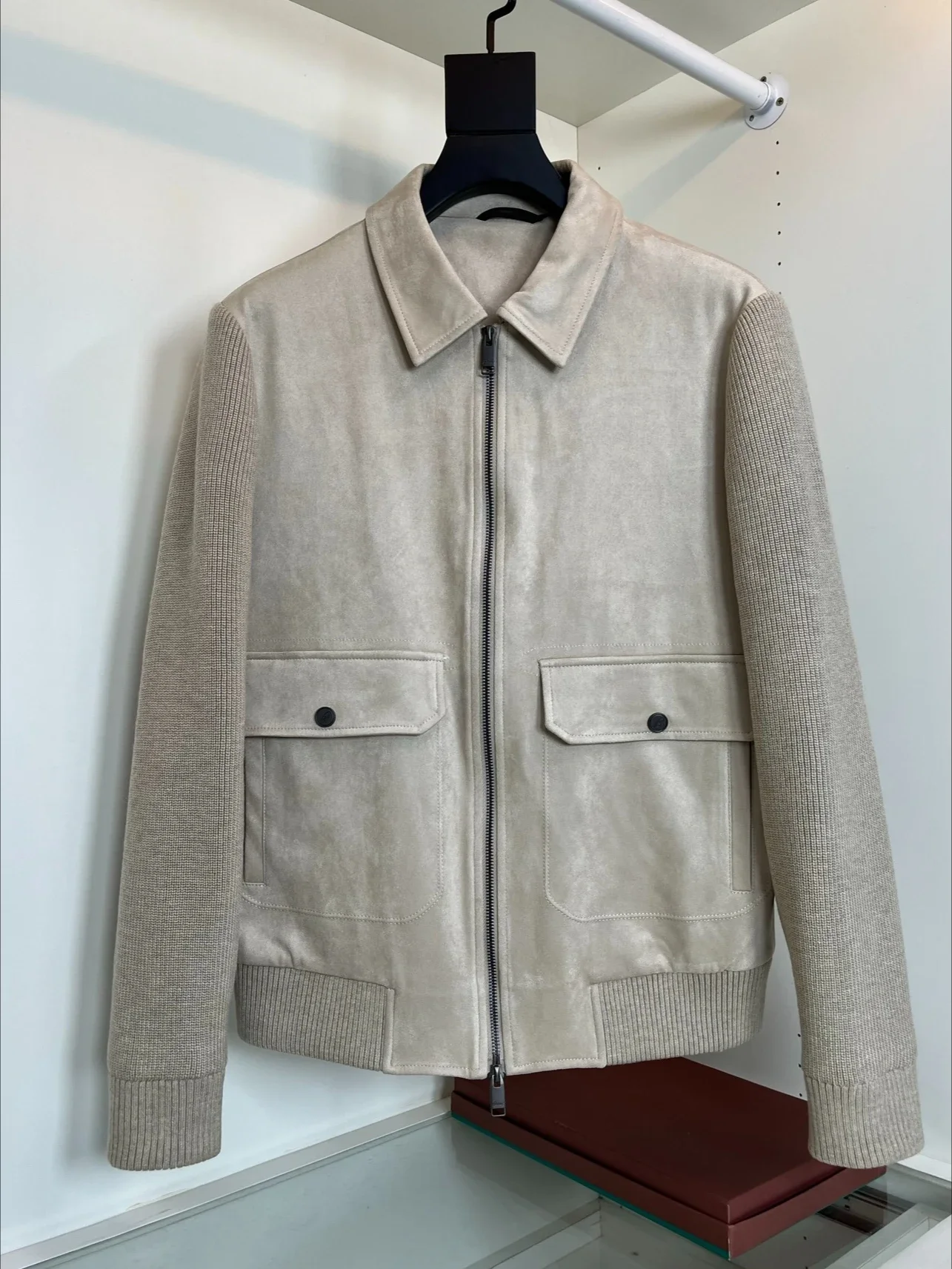 Italian Bri old money style stand-up collar knitted splicing casual thermal lapel down jacket