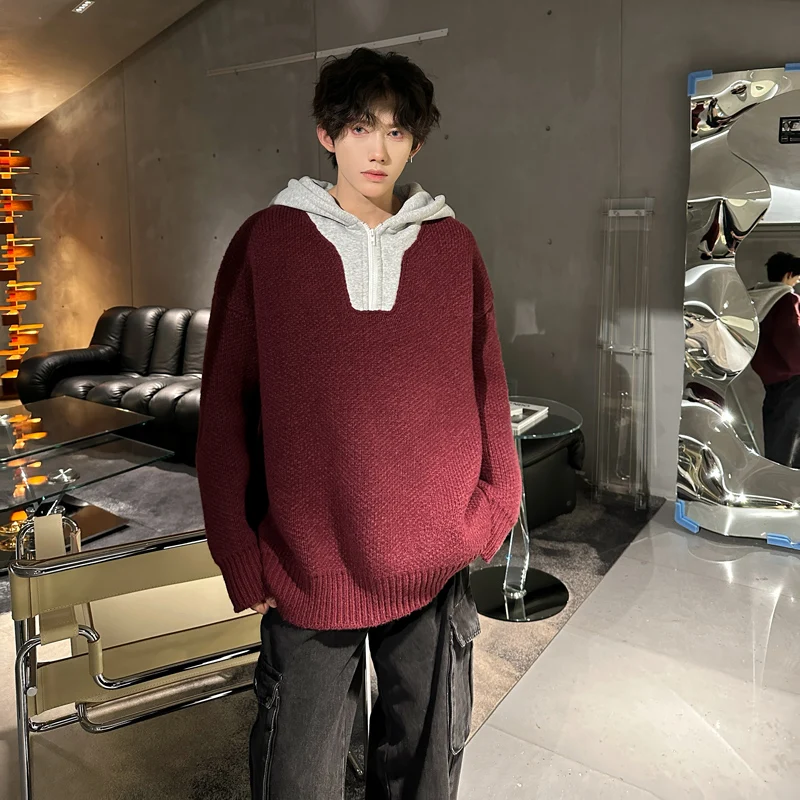 

Autumn Winter Hooded Knitted Sweater Men's Casual Faion Overhead Knitwear Red Wine Color Blo Retro Sle Long Sve Top