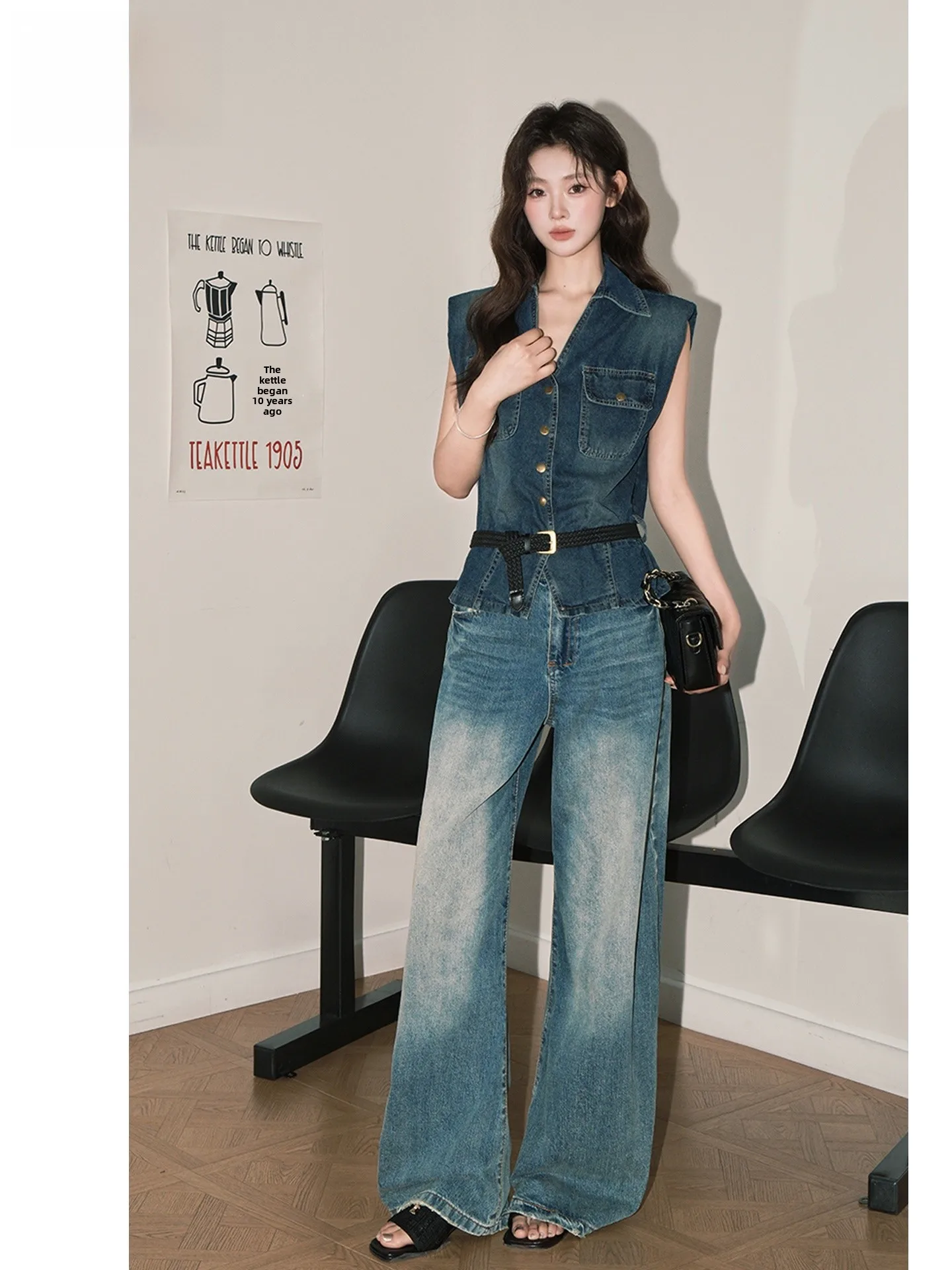 

American Style High Waist Wide Leg Jeans Women's Vintage Washed Cut out Knife Summer Loose Floor Length Trousers