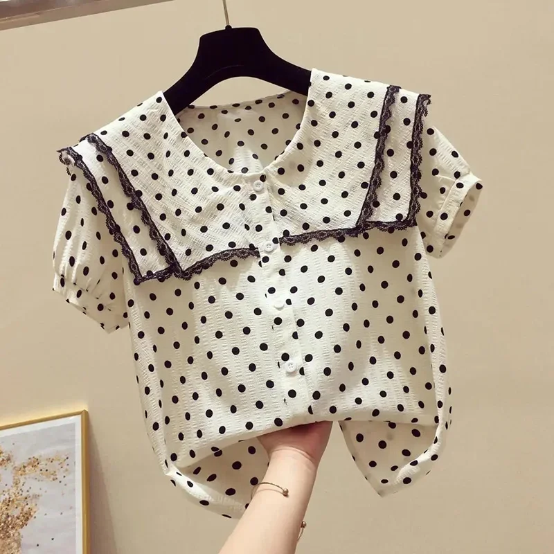 

Polka Dot Peter Pan Collar Single Breasted Short Sleeve Loose Women's Blouse Shirt Korean Fashion Female Clothing Tops 2024 L212