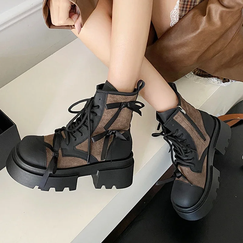 Flats Women Ankle Chelsea Boots Fashion Platform Designer Bow Shoes 2024 Winter New Trend Goth Boots Lace Up Zapatillas Mujer