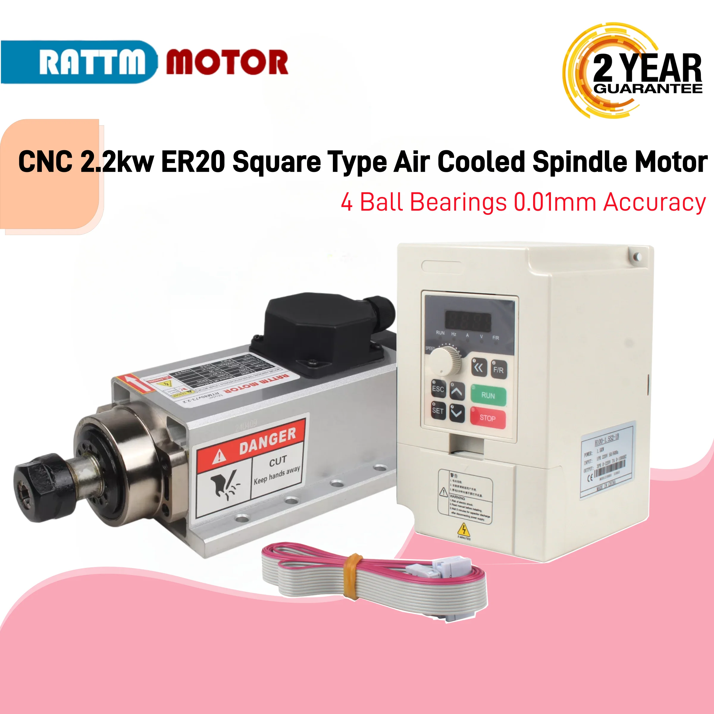 CNC Engraving 2.2kw ER20 Square Type Air Cooled Spindle Motor 4 Ball Bearings 0.01mm Accuracy & 2.2KW Inverter VFD 1000Hz 220V