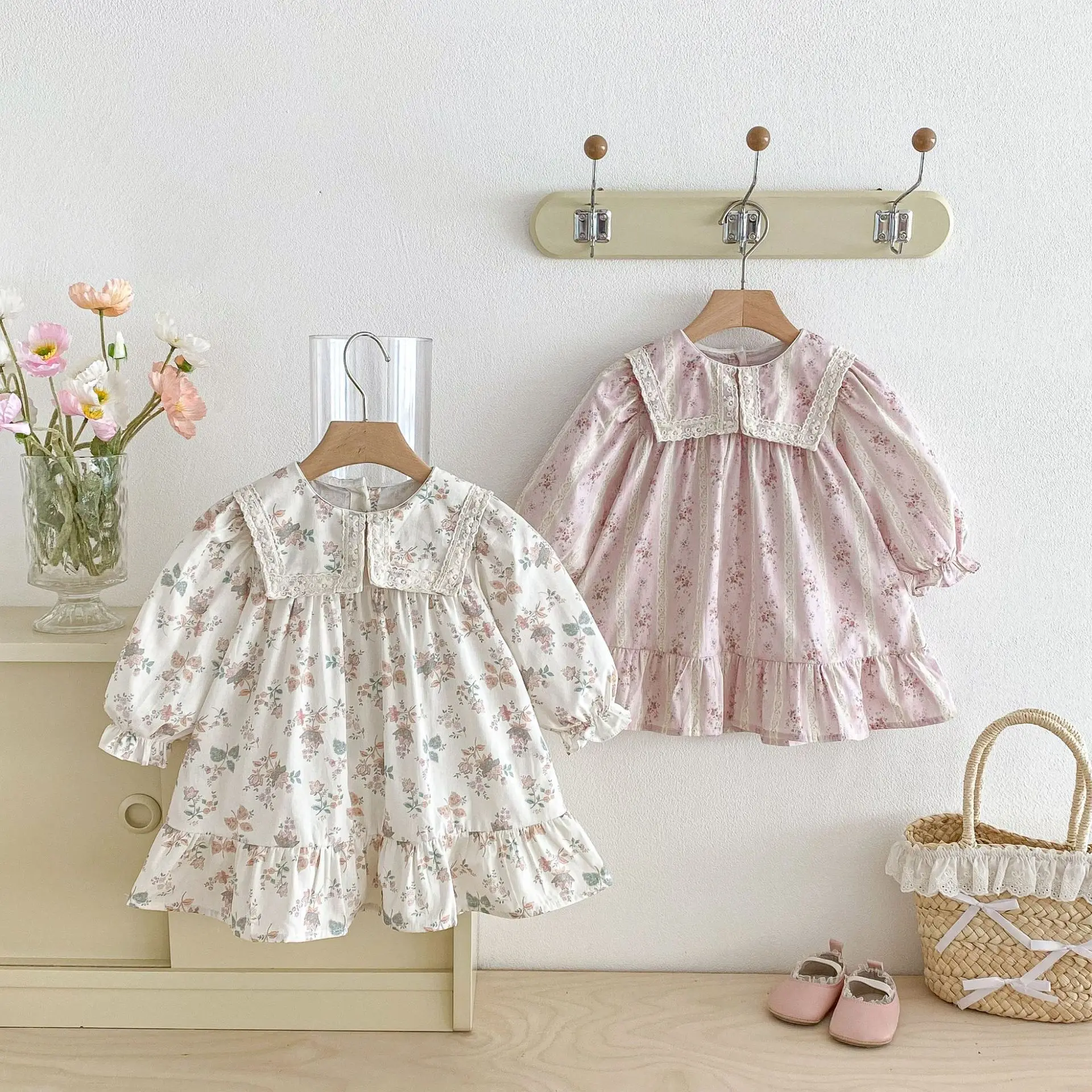 

2026 весеннее новое платье с длинными рукавами и цветочным принтом для девочек, хлопковое детское повседневное платье, милое платье принцессы с лацканами для маленьких девочек, детская одежда