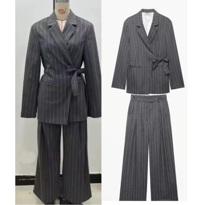 

Женский комплект: полосатый блейзер, брюки с широкими штанинами, пальто с длинными рукавами и шнуровкой, брюки с высокой талией, элегантный офисный наряд для женщин
