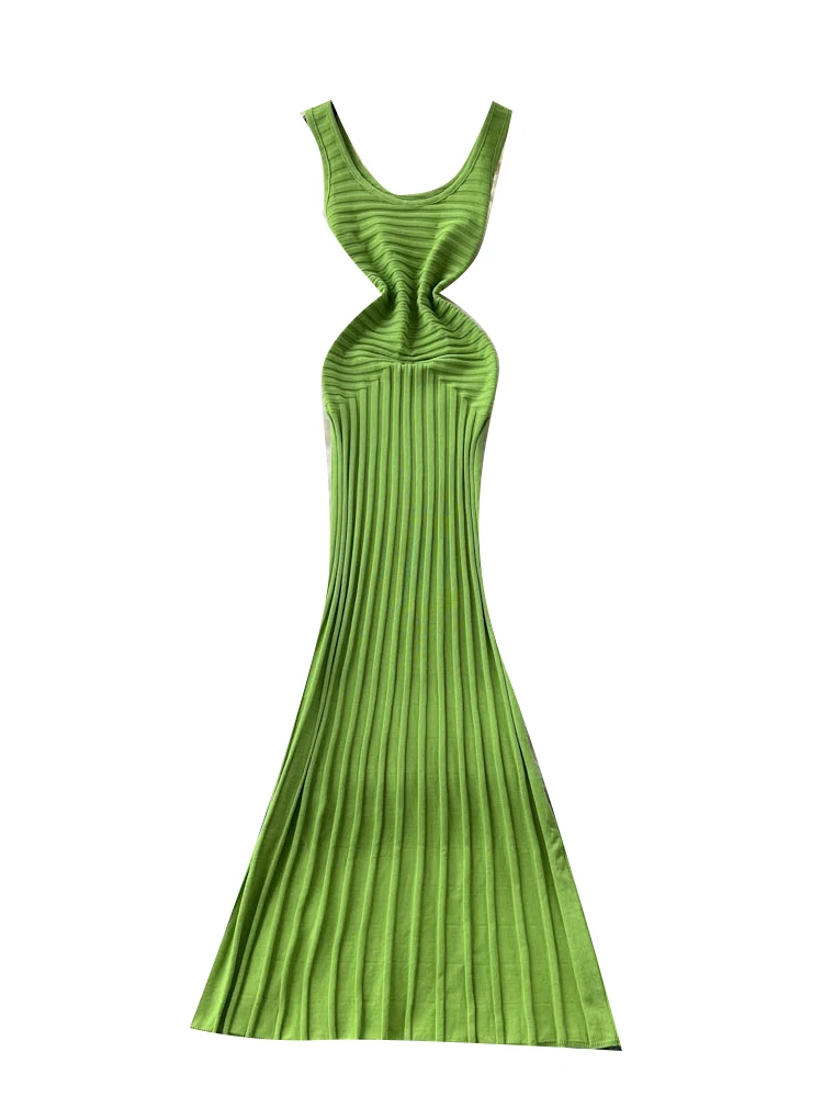 우아한 미니멀리스트 니트 드레스 여성 슬리밍 여름 섹시한 롱 스커트 하이 웨이스트 a 라인 반소매 오버 헤드 한국 스타일