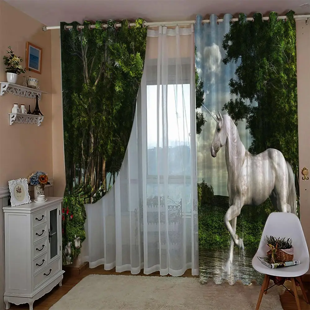 Luxury Blackout 3D Curtains For Living room Bedding room green forest white horse curtains