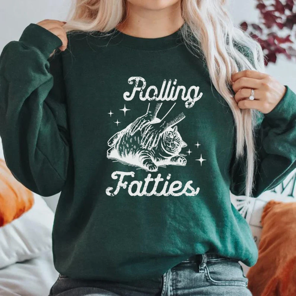 Rolling Fatties Cat Sweatshirt Funny Cat Graphic Hoodies Unisex Long Sleeve Sweatshirt Cat Lovers Gift Casual Crewneck Pullovers