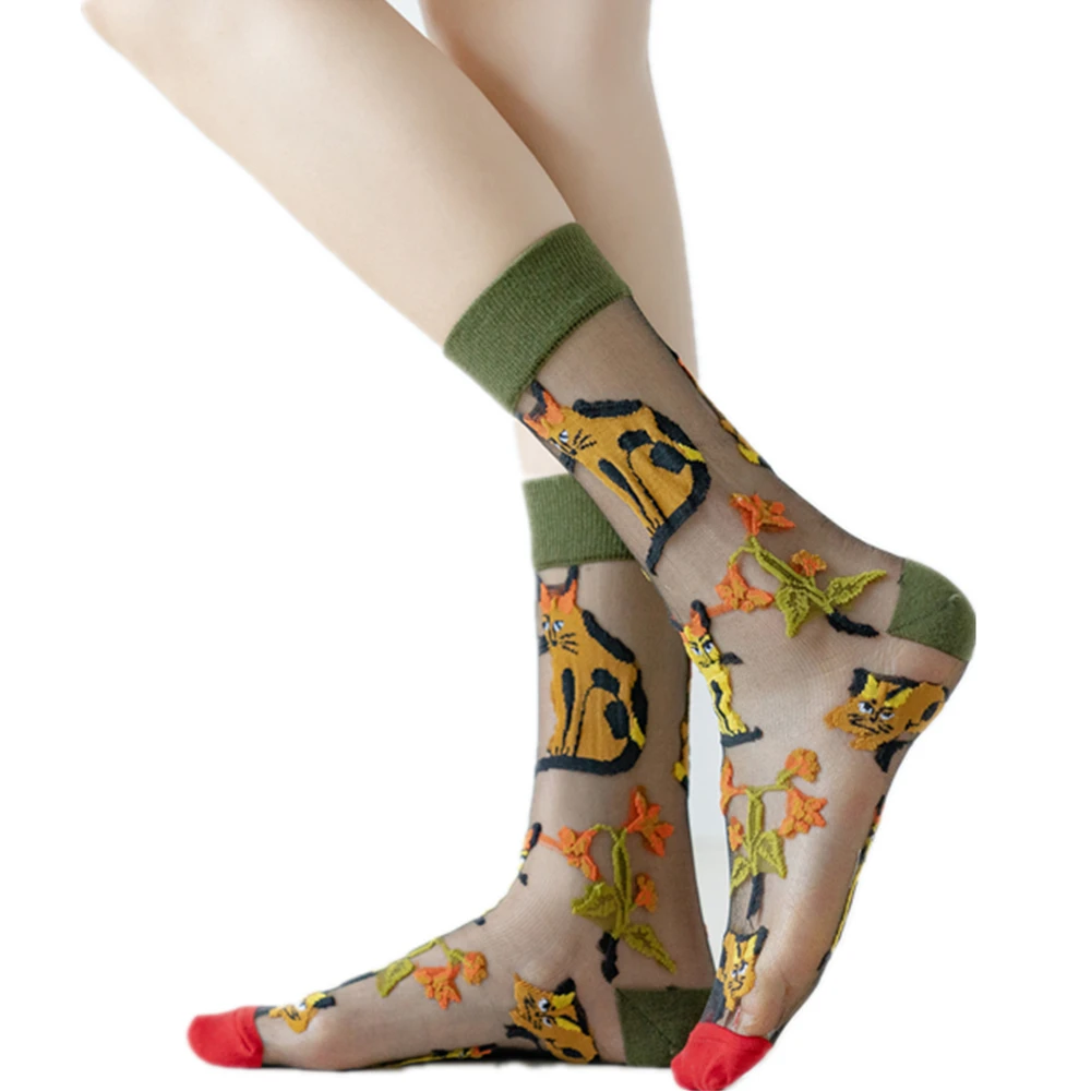 Nouvelles chaussettes Harajuku fantaisie en soie cristalline pour filles, avec motifs amusants de tournesols, vignes, fleurs, pêches, oiseaux et chats, chaussettes décontractées pour femmes