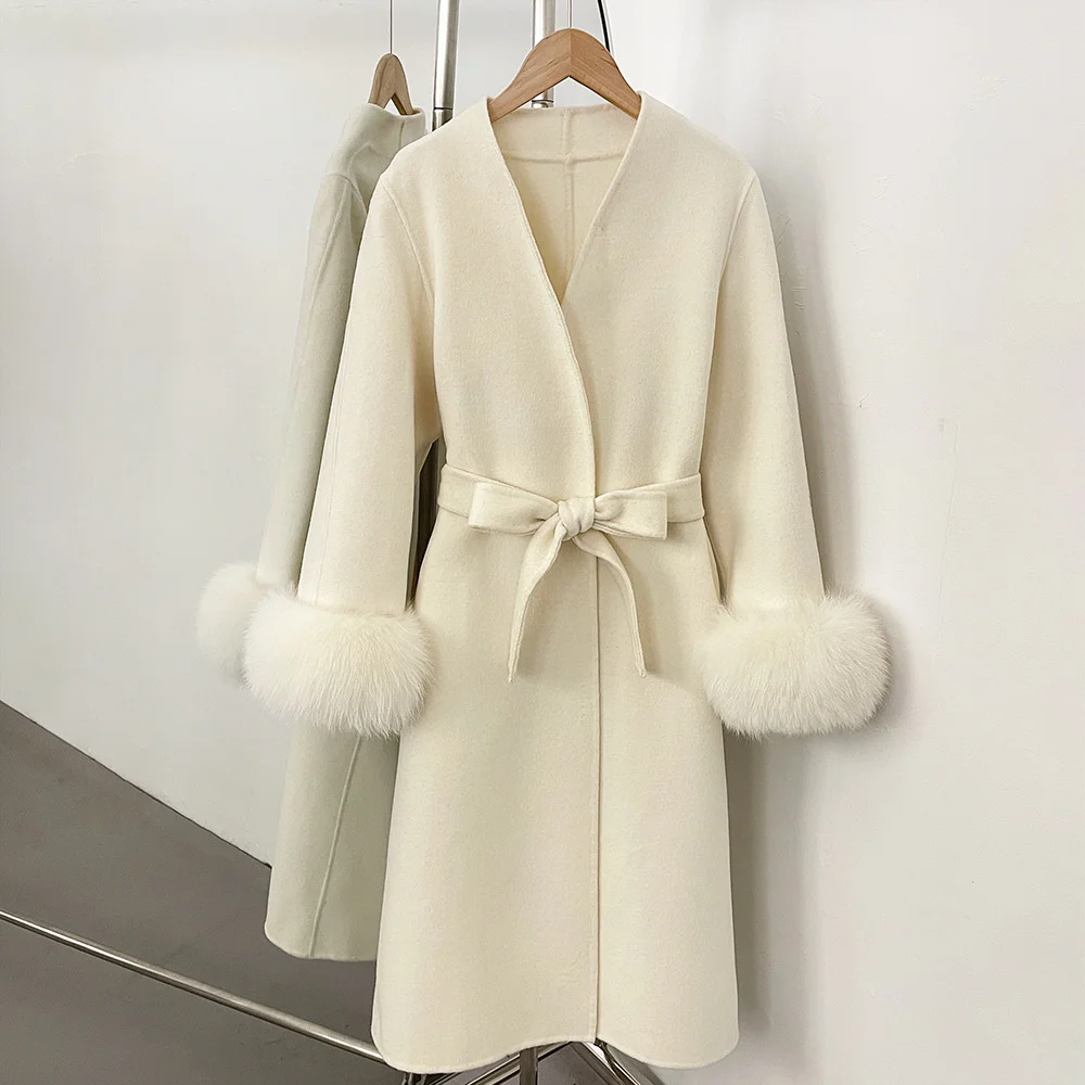 

2026 Женское зимнее шерстяное пальто, лисьий мех, свободный крой, с поясом, плащ, верхняя одежда, новая мода Y2K, высококачественный бюстгальтер-куртка