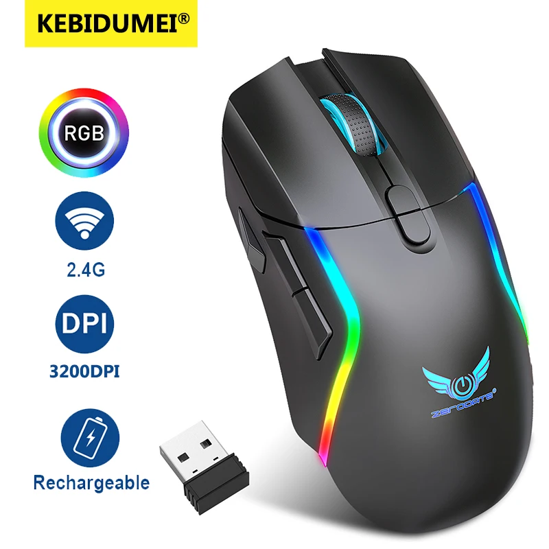 2.4G Wireless Gaming Mouse RGB Lighting Charging Mouse Adjustable 3200 DPI Ergonomic Rechargeable Mice for PC Laptop Macbook Pro