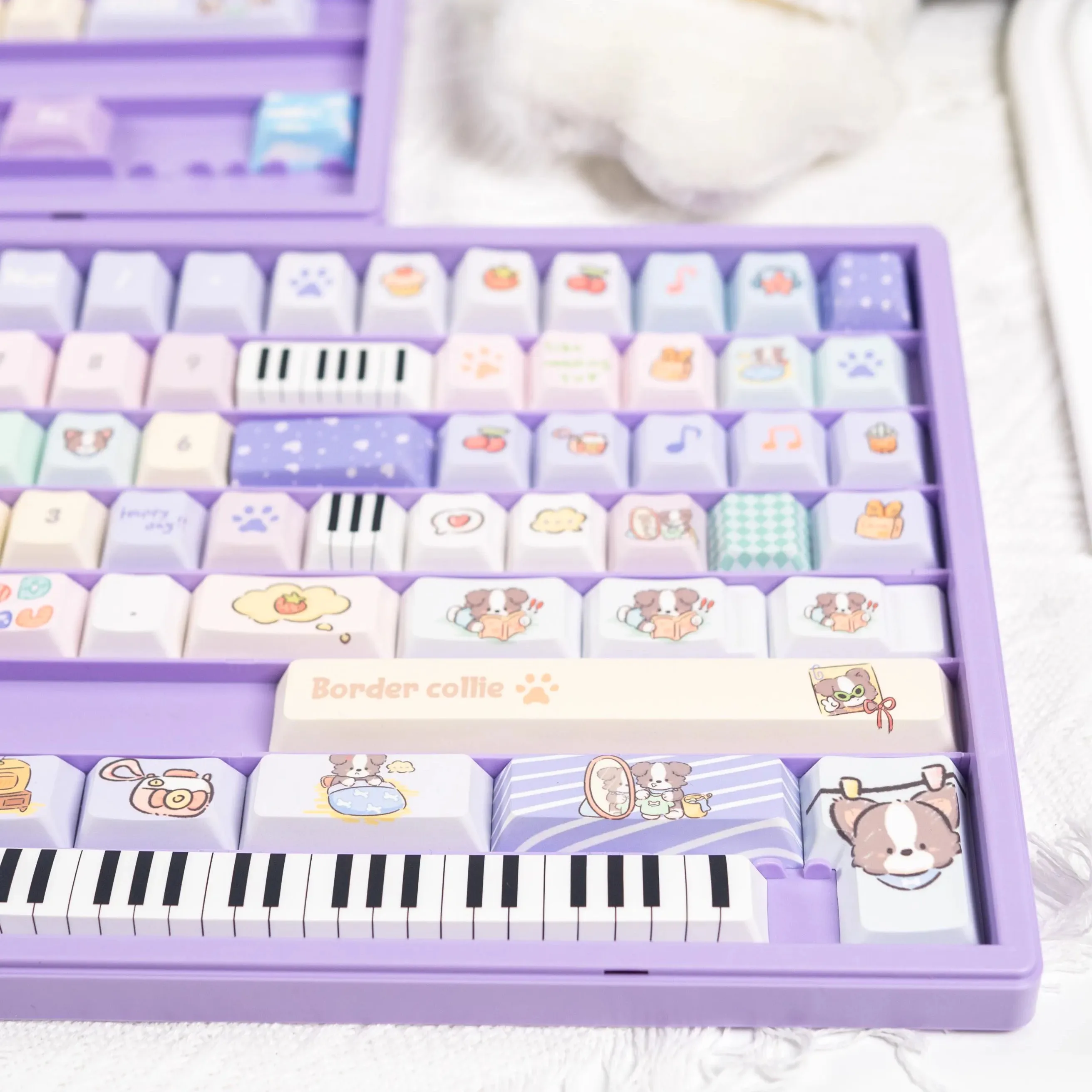 Filhote de cachorro Border Collie Keycap bonito, Lavanda Nota Piano Key, Macaron Azul Roxo, PBT Cereja, Candy Color, 141Key