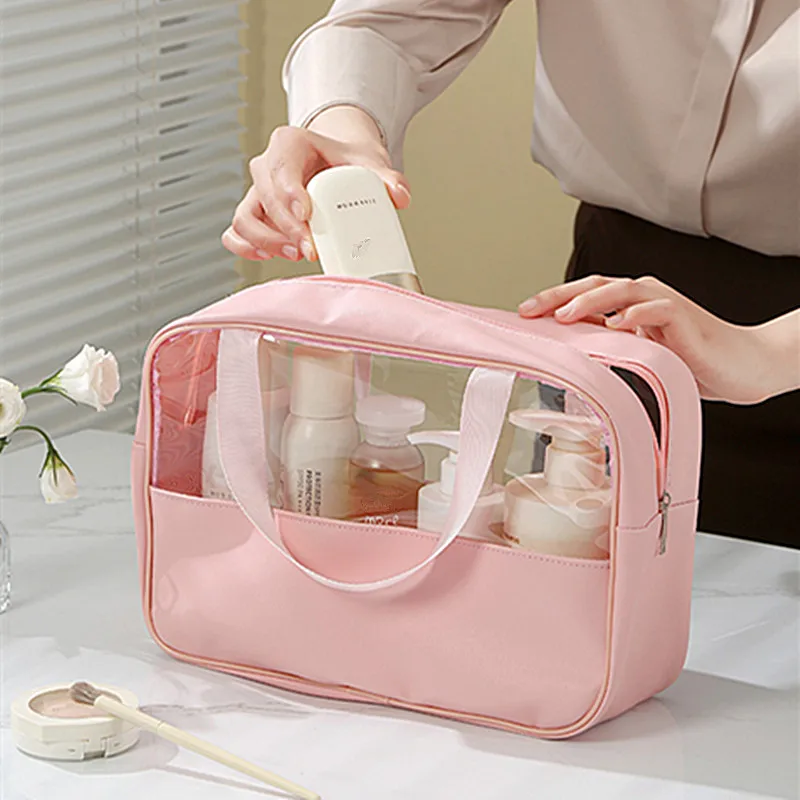 Bolsa de cosméticos transparente de viaje portátil para mujer, bolsa de almacenamiento de maquillaje impermeable de PVC, bolsas de aseo para playa y natación