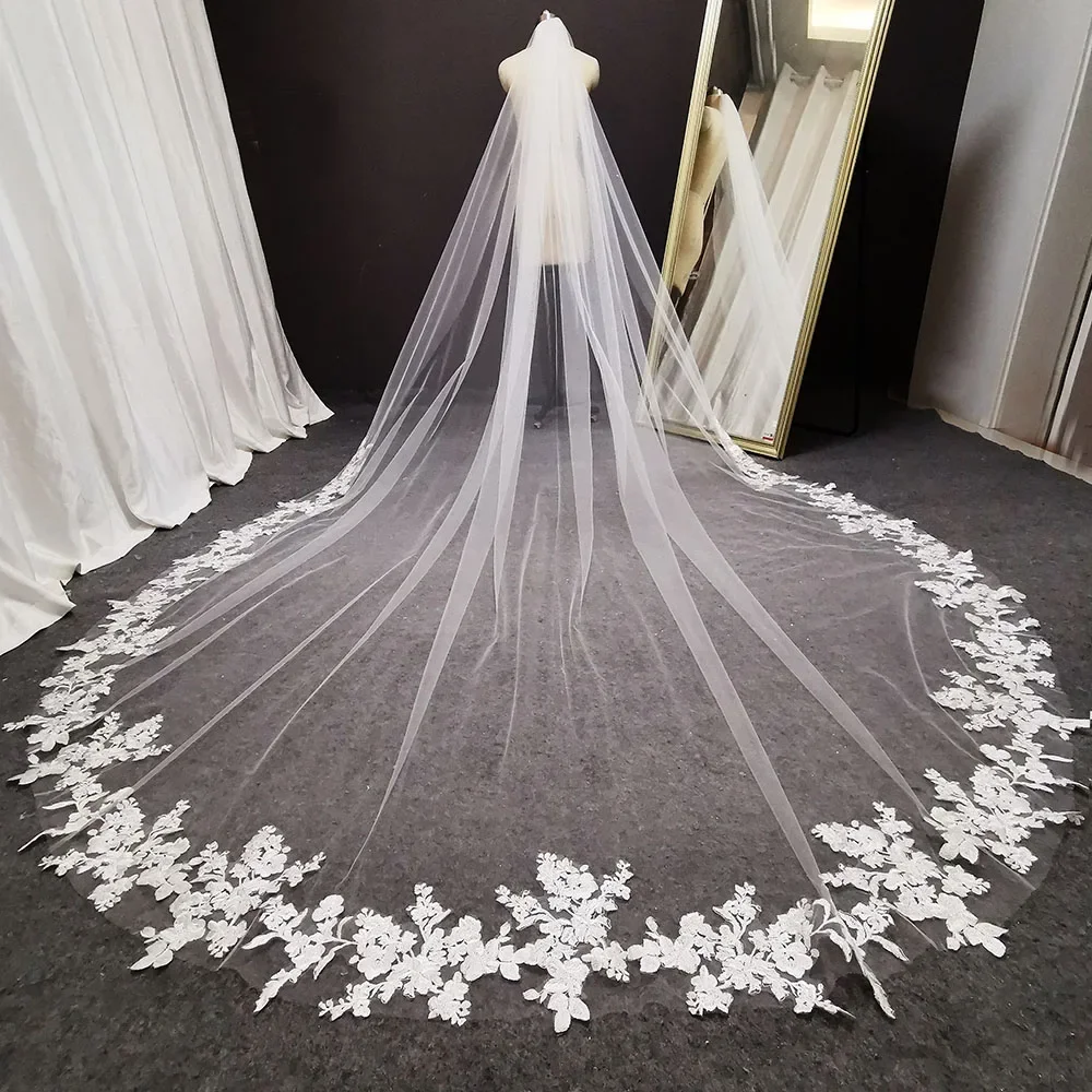 Long Lace Véu do casamento com pente, Noiva Capacete, Marfim Branco, 3 m, Catedral Bridal Acessórios