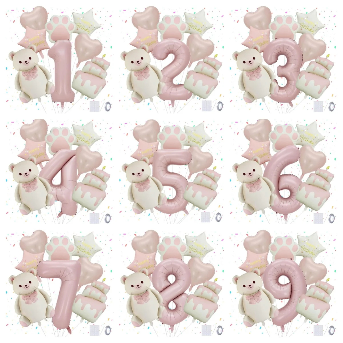 11pcs Pink Matte Bear Foil Balloon 40 Inch Baby Pink Number 1-9 Balloon Birthday Party Decoration Bear Theme Event Decorations
