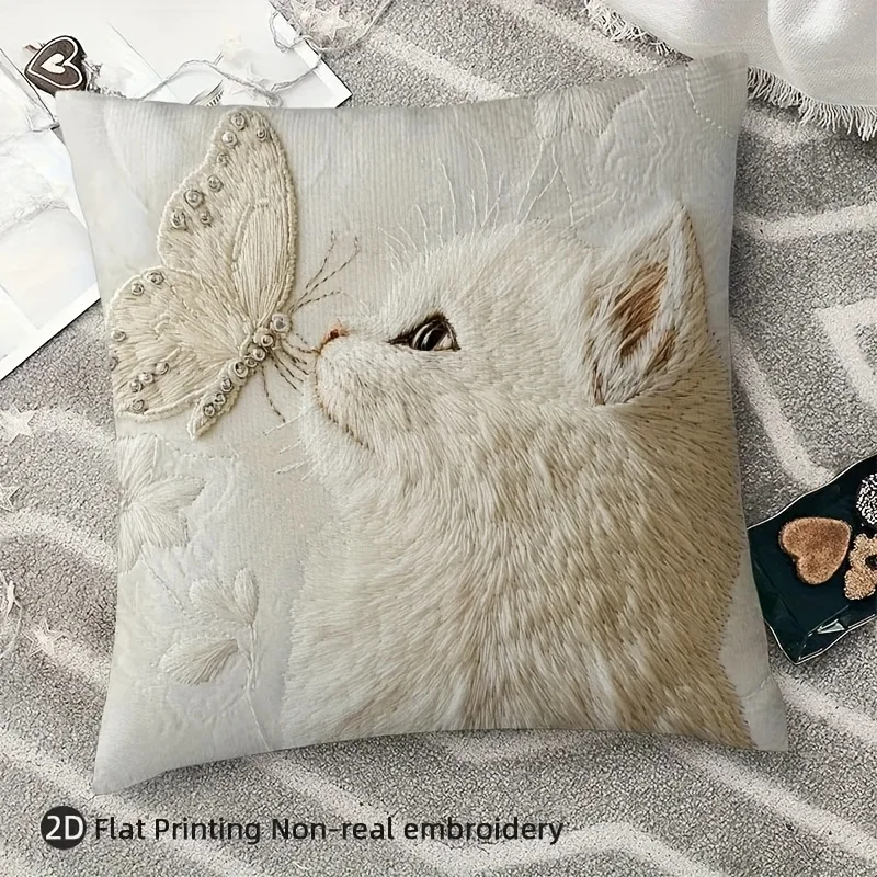 VIKAMA 2D Flat White Cat & Butterfly Pillowcase , Soft, Farmhouse/Home/Office Decor, Exquisite Home Decoration