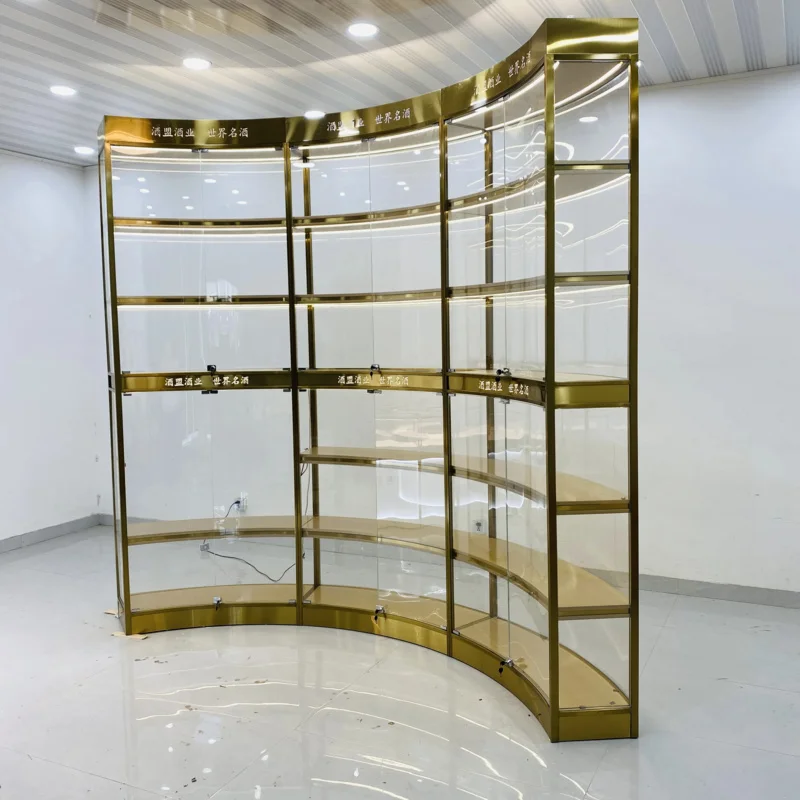 

Customize.Branded Jewelry Display Counter Circular Glass Jewelry Display Cabinet Luxury Gold Frame High - End Store Showcase