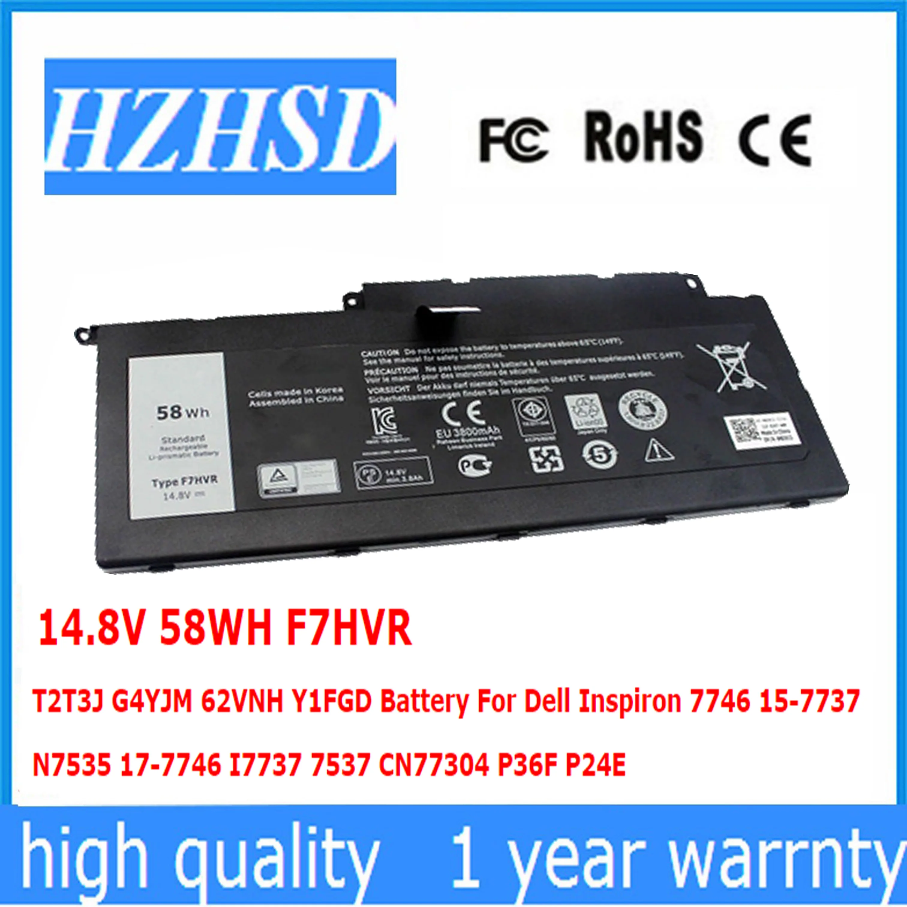 

F7HVR Original 14.8V 58WH T2T3J G4YJM 62VNH Y1FGD Battery For Dell Inspiron 7746 15-7737 N7535 17-7746 I7737 CN77304 P36F P24E