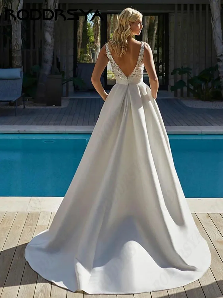 RODDRSYA Soft Satin A-line Wedding Dresses Insertable Pocket V-Neck Sleeveless brautkleider glitzer Floor Length Custom Made