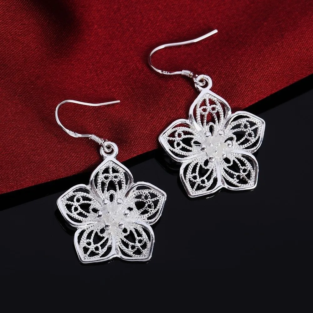 Alloy Hollow Flower Necklace Five Petal Flower Silver Plated Wedding Jewelry Set Adjustable Dainty Floral Drop Earrings Jewelry