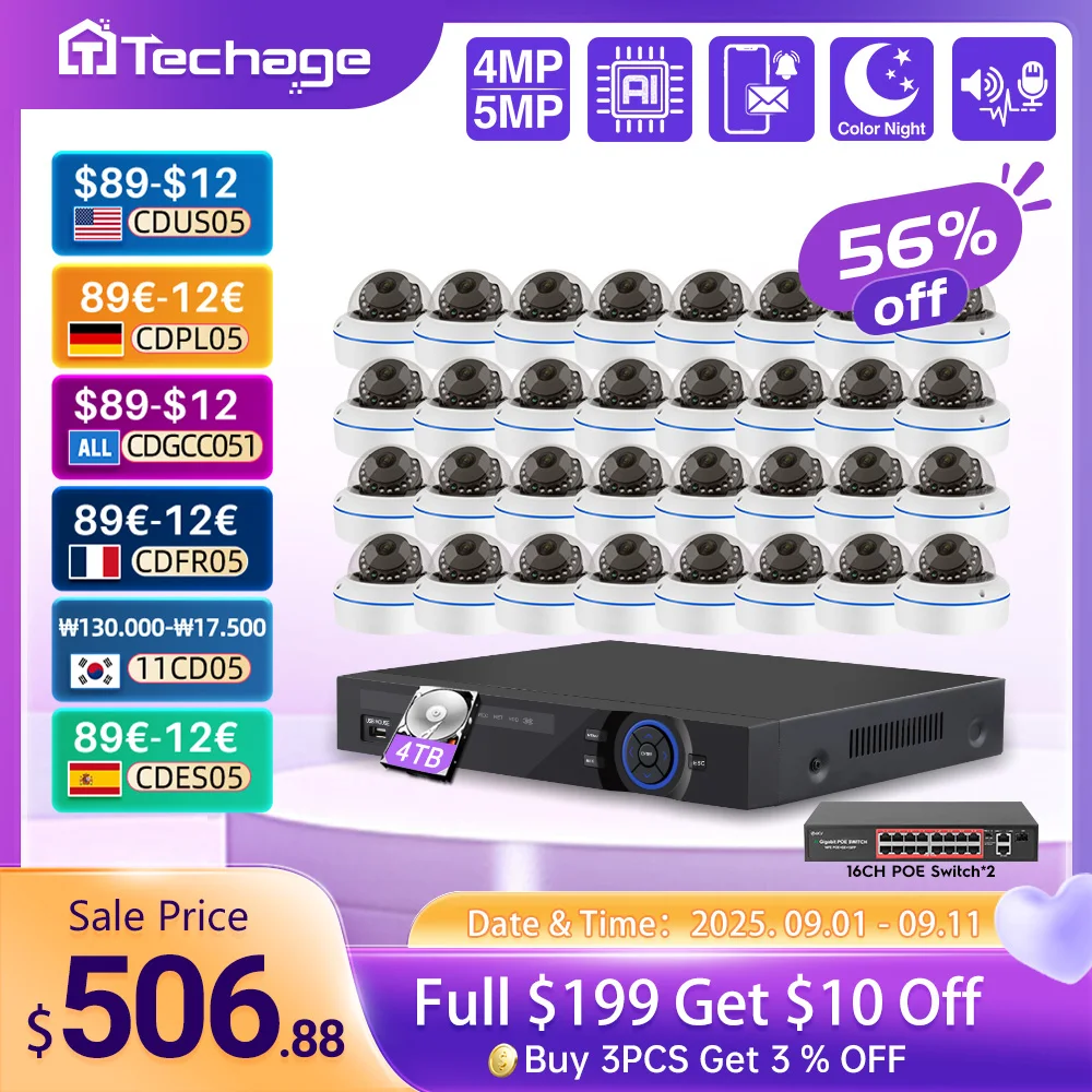 

Techage 32CH 4MP 5MP POE Security Camera System Vandalproof IP Camera Audio Record Face Detection H.265 CCTV Video Surveillance