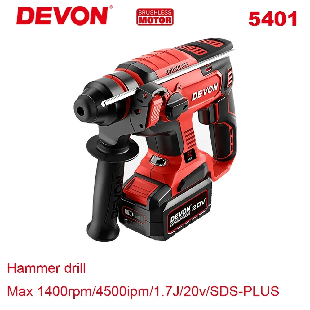 

Devon Light Duty 5401 Cordless Rotary Hammer Drill Brushless 20v 1400rpm Impact 1.7J 4500ipm Universal Flex Battery Platform