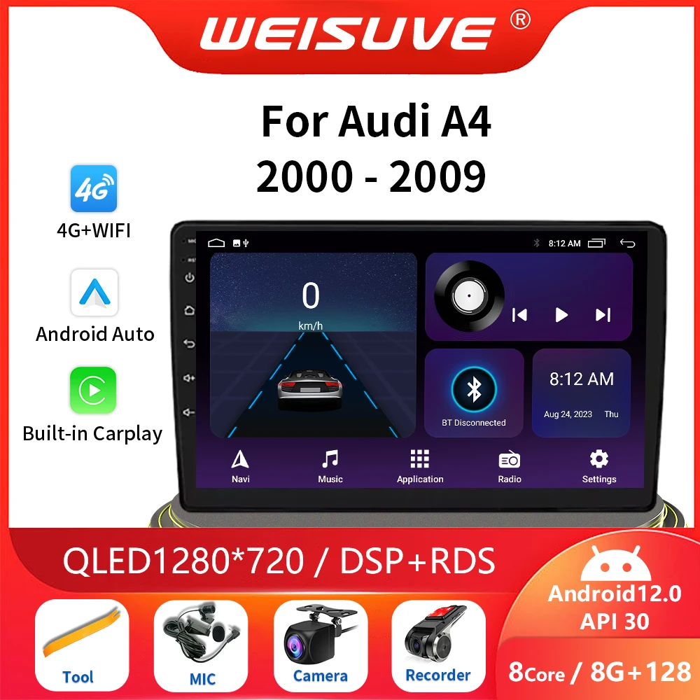 

2din Android12 For Audi A4 B6 B7 S4 RS4 2000-2009 Car Radio Multimedia GPS Player Wireless Carplay Auto Navigation DSP BT Wifi