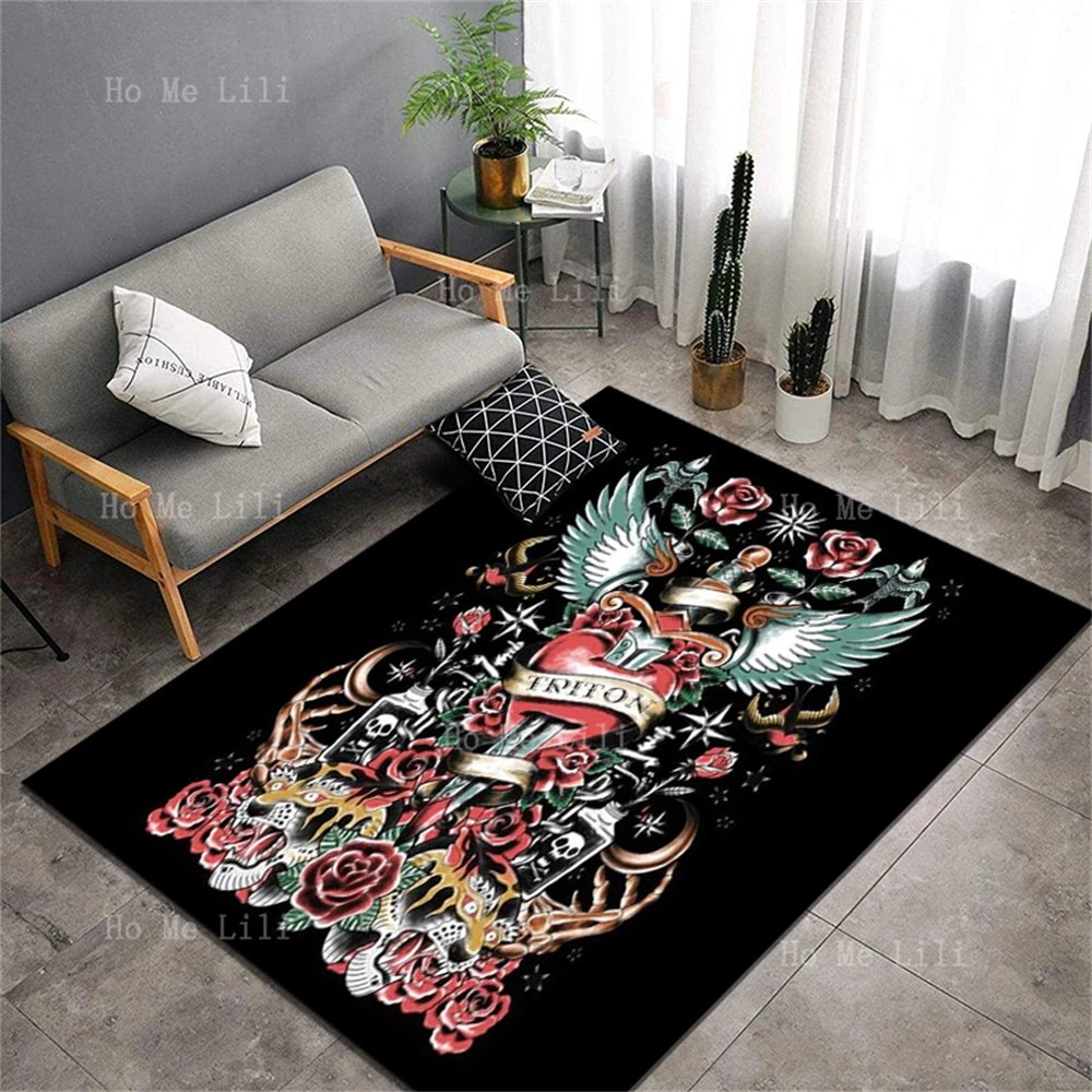 The Sword Piercing The Heart And The Romantic Roses Around It Non Slip Flannel Carpet For Home Decoration