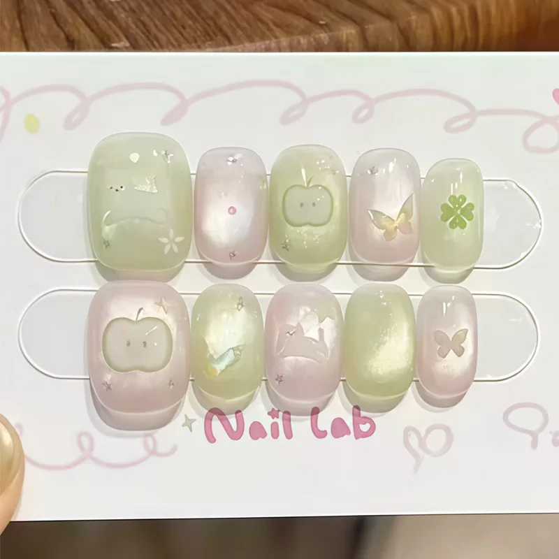 24Pcs Cute Short Square Head Nail Tips Wearable Full Cover Green Apple Butterfly Fake Nail Detachable Ballet Press on False Nail