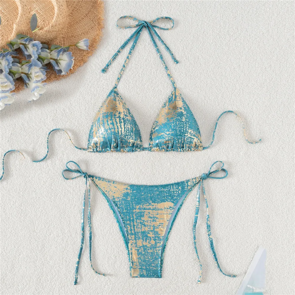 

Green Shiny Swimwear Halter String Triangle Micro Bikini Thong Sexy Swimsuit Women 2025 Bathing Swimming Suit Mini Bikinis Sets