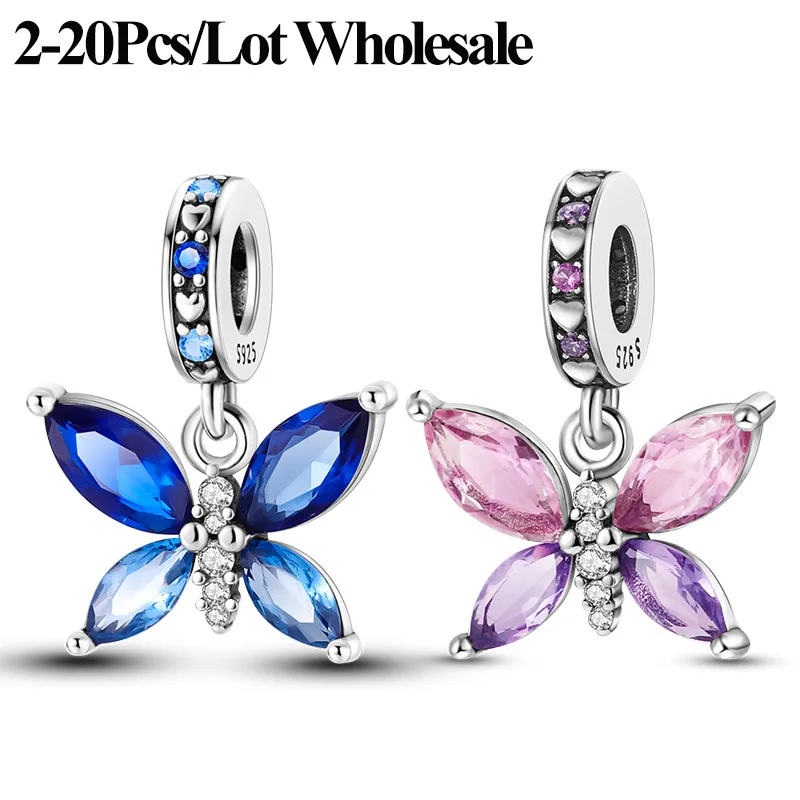 2-20 Stück/Lot Großhandel 925 Sterling Silber Rosa Blauer Schmetterling Charm Perle Anhänger Passend für Armbänder Damenschmuck Geschenk