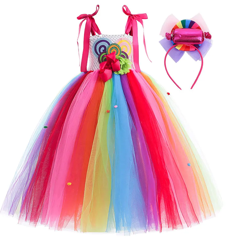 2024 Purim Girls Lollipop Costume Carnival Apparel Candy Cane Frock Rainbow Tutu Dress Toddler Festival Party Robe Pageant Gown