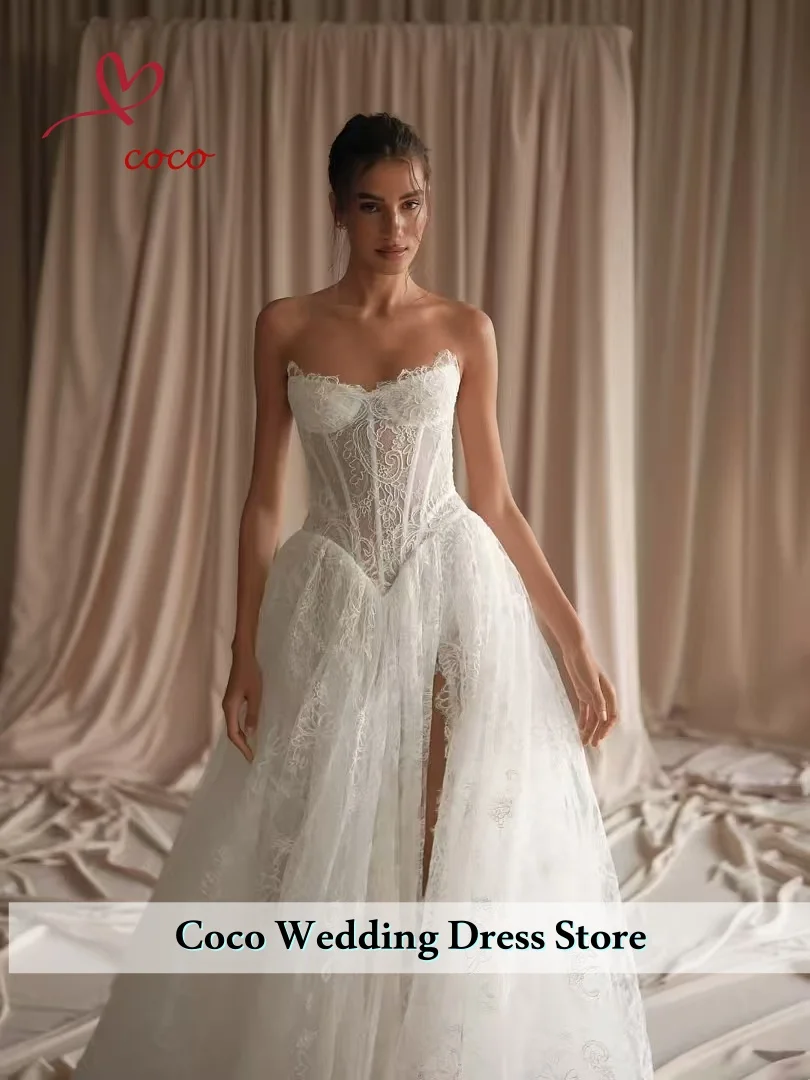 Customized Luxury Floral Lace Wedding Dress Remove Top Side Slit Sweep Train Vintage Bridal Gown Vestido De Novia